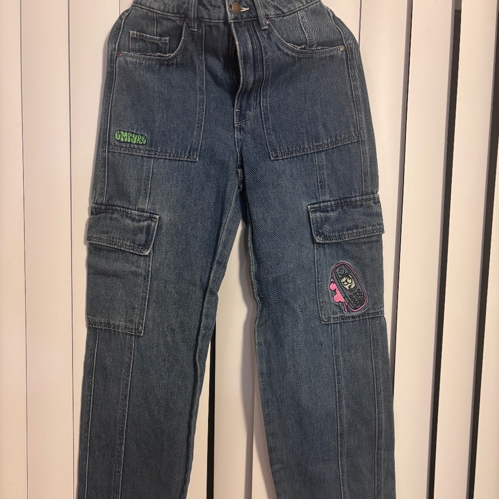 Empyre Womens Cargo Jeans Blue Denim Utility Embroidered Graphic Patches